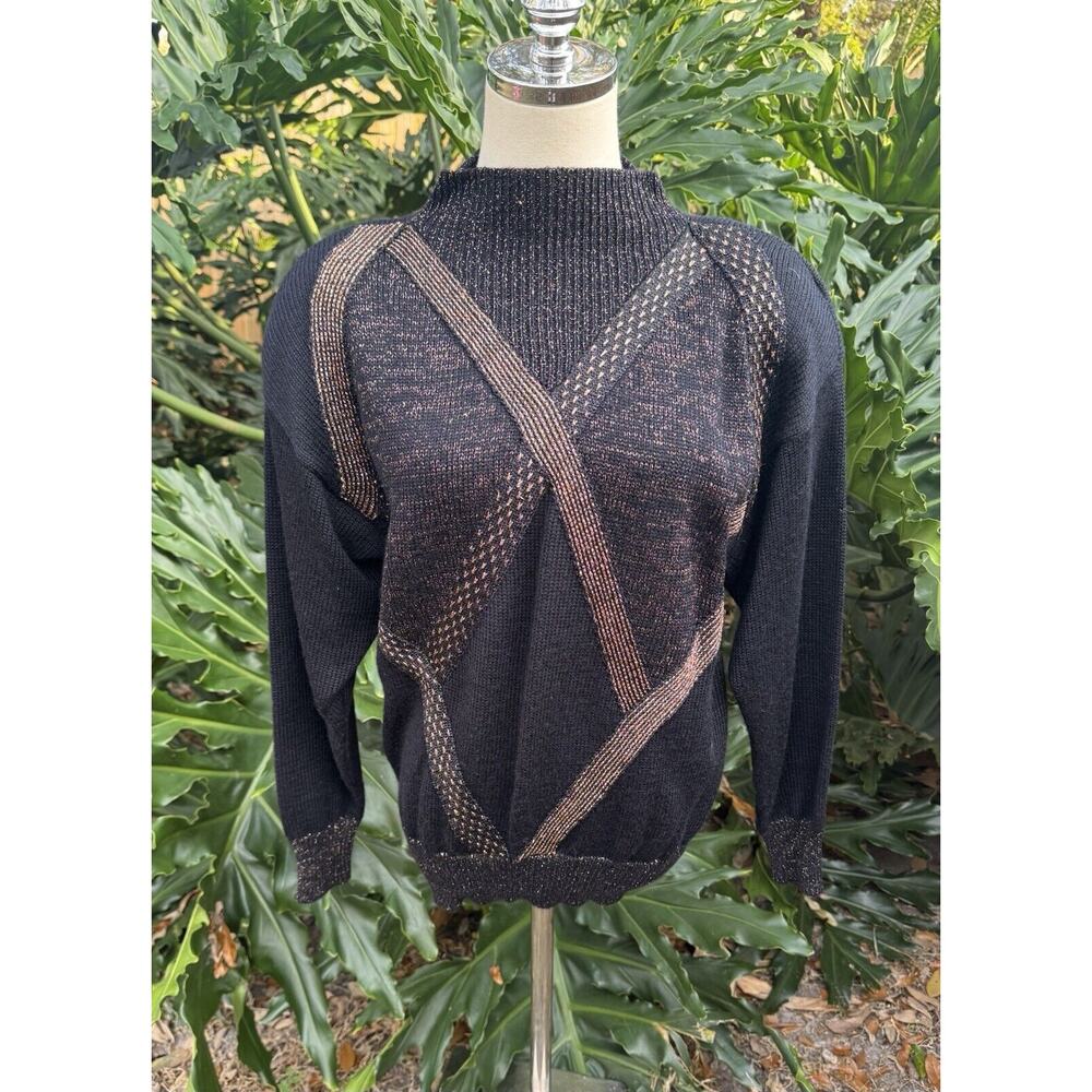 Nilani Vintage 80s Wool Blend Sweater Gold Black Geometric Modern Design Retro M